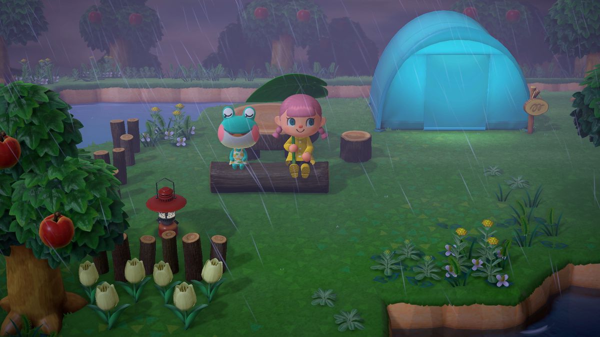 en ung rosahårig tjej och en leende groda njuter av regnet nära ett tält i Animal Crossing: New Horizons