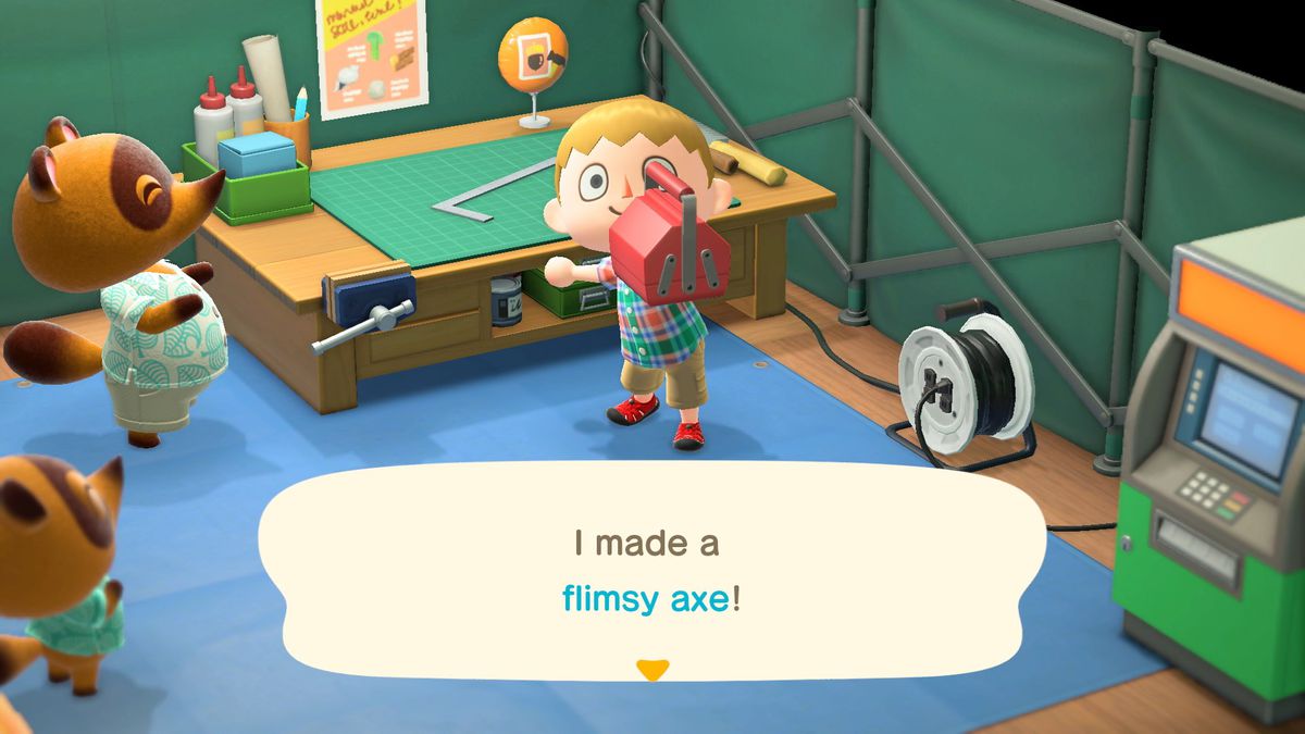 meddelar en blondhårig ung man att de gjorde en tunn yxa i Animal Crossing: New Horizons