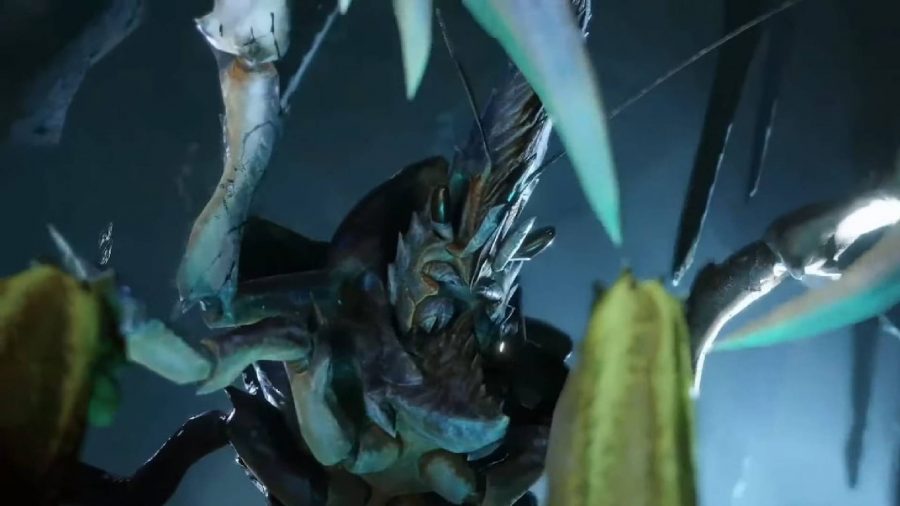 En jättefientlig krabba håller sina skarpa nålar uppe, redo att slå dem mot en motståndare.  De är båda i ett stort, vått grottsystem. 