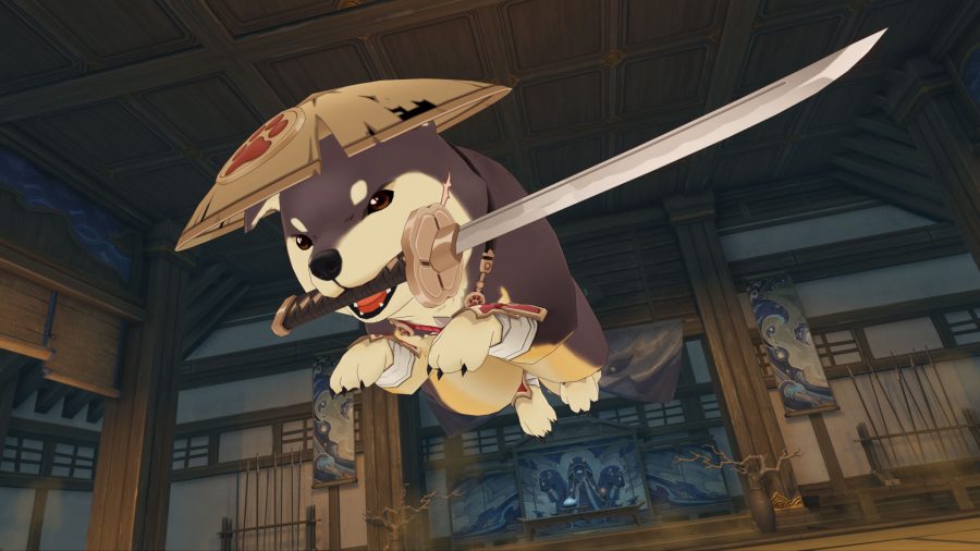 Genshin Impact händelser;  Bantan Sango fodral, en krigarhund som bär hatt och håller ett svärd i munnen