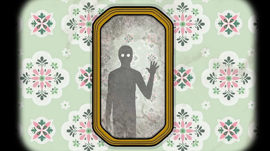 Bästa mobiläventyrsspel Samsara Room-skärmdump som visar en läskig skuggfigur som vinkar i en spegel