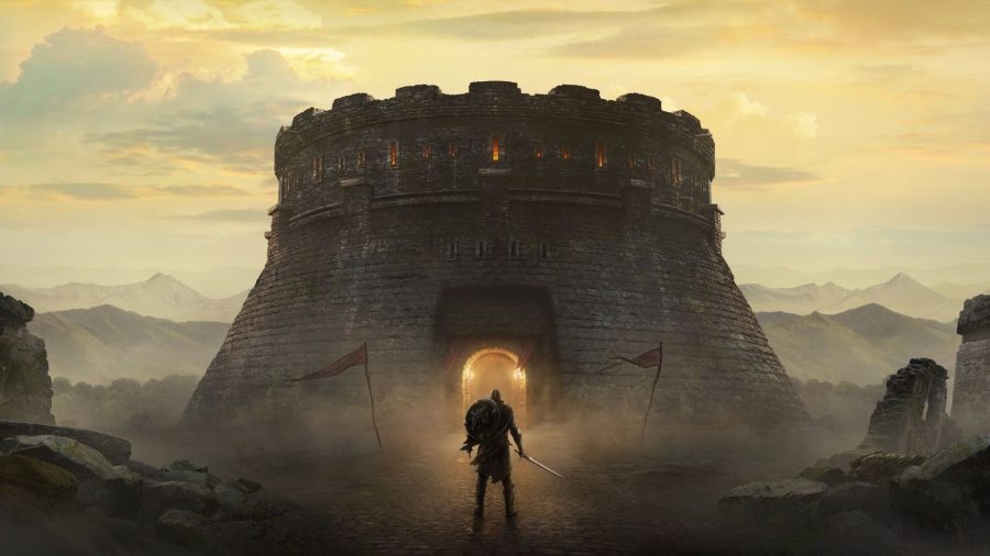 Konst från ett spel som Skyrim, som visar en person som står i siluett vänd mot en stor arena.