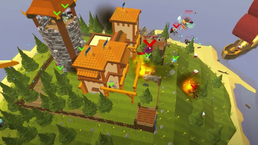 En skärmdump från Kogama, ett mobilspel som Roblox, som visar hus och träd på en kulle.