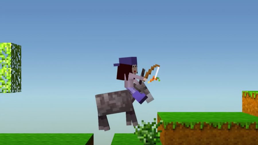 En skärmdump från The Blockheads, ett spel som Roblox, som visar en karaktär som rider på en åsnas hals.