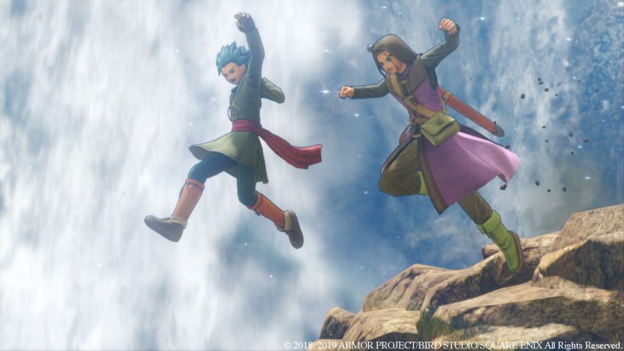 Två karaktärer från Dragon Quest XI hoppar från en klippa.