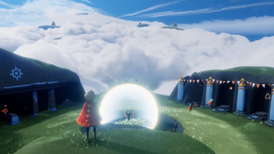 Karaktären från Sky Children of the Light, tittar på en stor glödande klot, med fluffiga moln i fjärran.