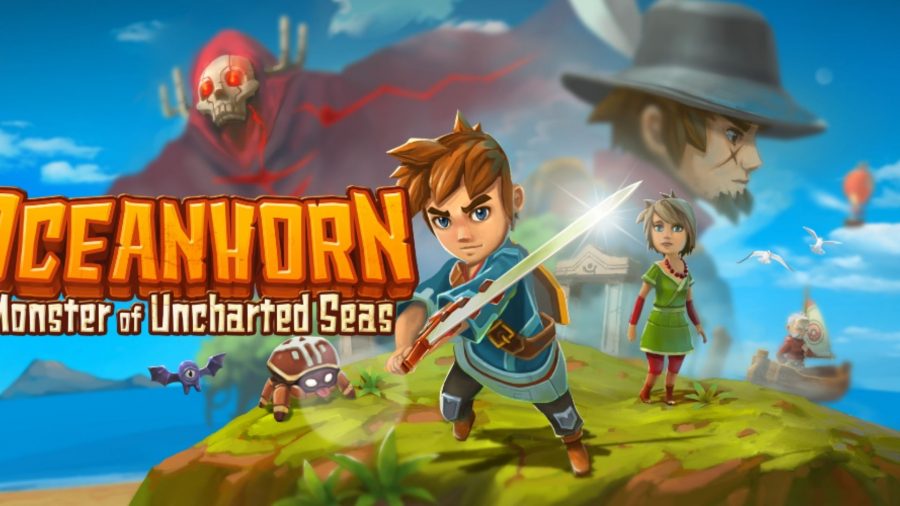 Konst från spelet Oceanhorn som visar huvudkaraktären med sitt svärd med olika karaktärer i bakgrunden.