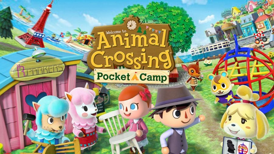 Konst från Animal Crossing: pocket Camp, visar olika karaktärer som fräser omkring och allmänt har det trevligt.