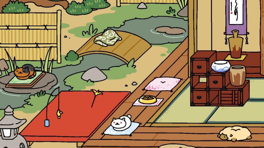 Ett par katter hänger i en fridfull trädgård, vid lite mat, i Neko Atsume.