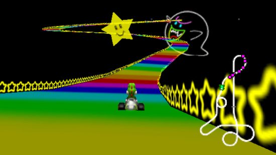 Skärmdump av Rainbow Road från Mario Kart 64 med Yoshi som strimlar banan