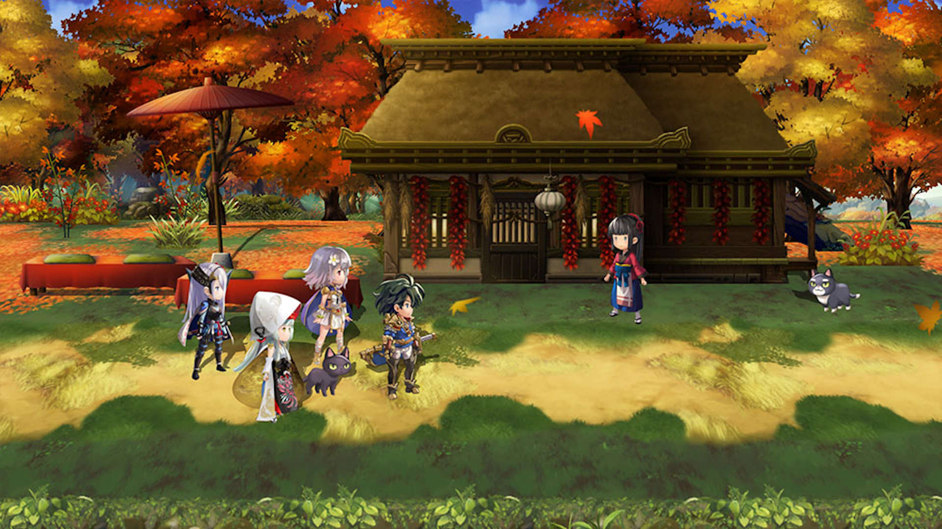 Bästa gacha-spel: Another Eden.  Bilden visar en grupp karaktärer utanför ett hus.