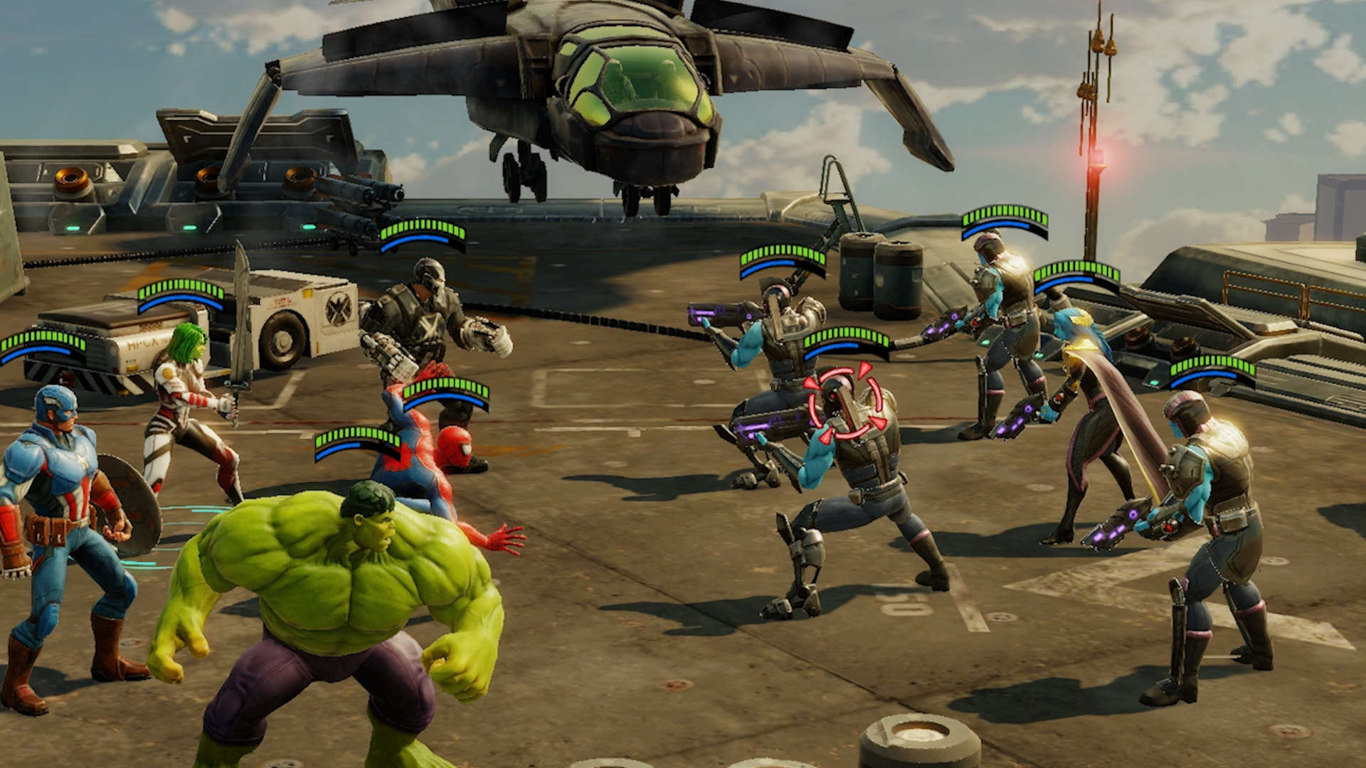 Bästa gacha-spel: Marvel Strike Force.  Bilden visar en grupp Marvel-karaktärer i strid, inklusive Captain America och The Incredible Hulk.