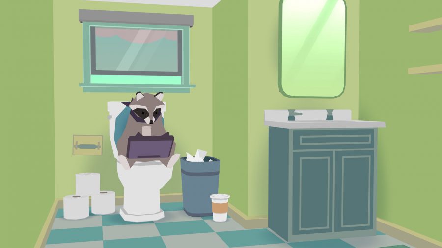 Bästa iPad-spel Donut County;  en tvättbjörn satt på toaletten