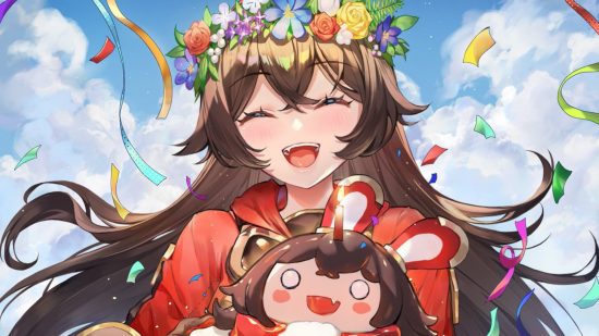 Genshin Impact Amber officiell födelsedagskonst som visar henne leende medan hon bär en blomkrona och gosande baronkanin