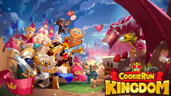 Nyckelkonst i Cookie Run Kingdom med olika söta karaktärer på skärmen för gratis mobilspellista