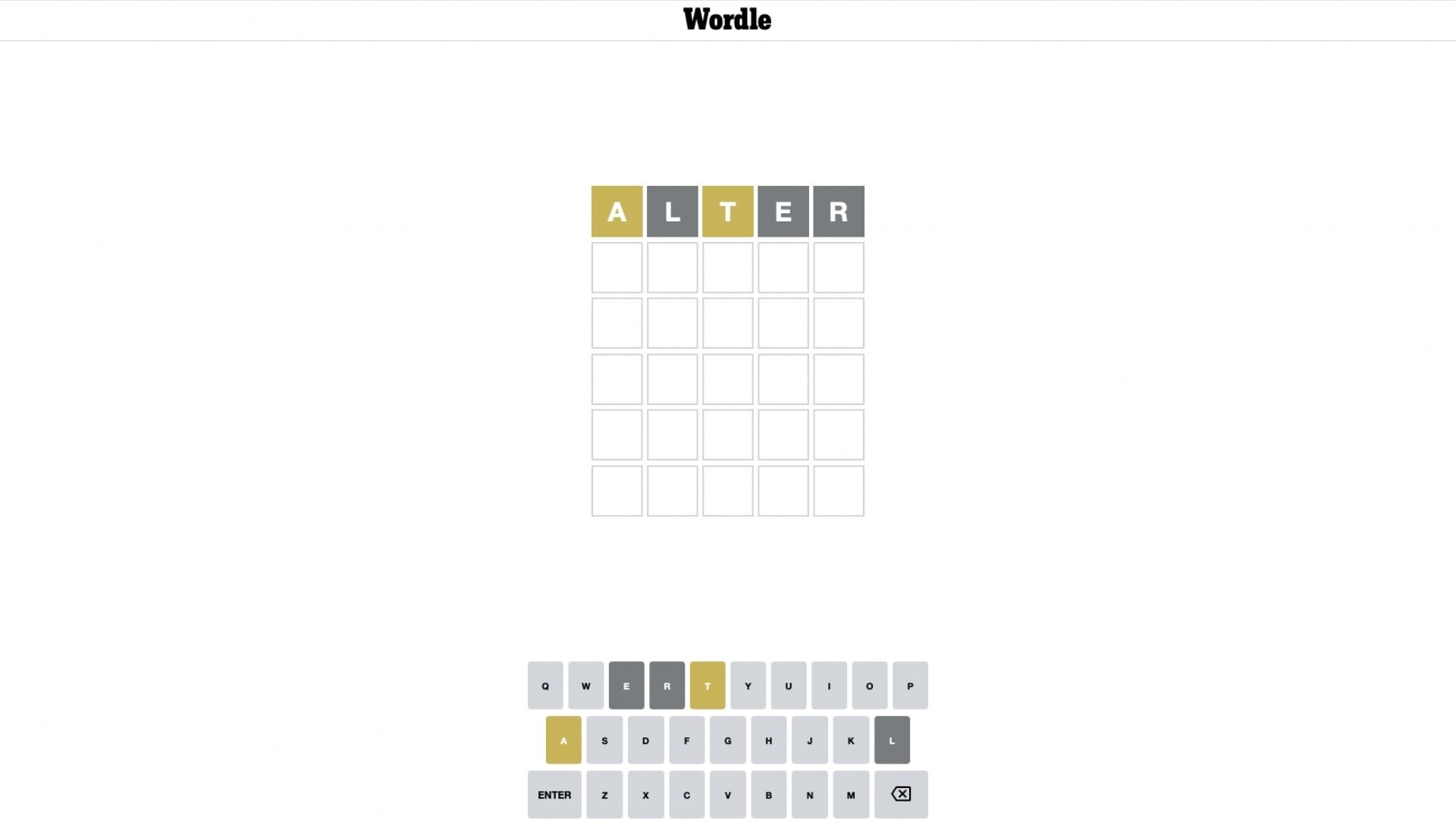 En skärmdump som visar ett spel Wordle, med ordet 