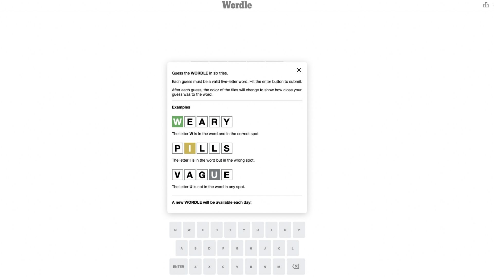 En skärmdump som förklarar reglerna för Wordle.