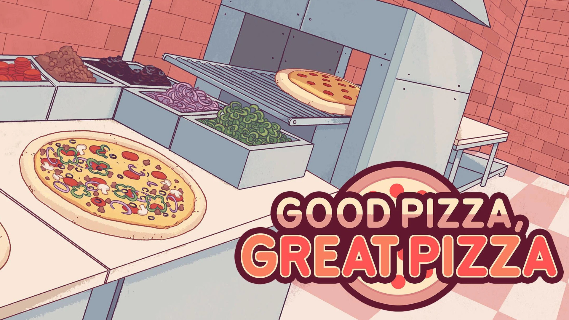 Matlagningsspel: En blekfärgad linjeteckning av en pizzaugn med Good Pizza Great Pizza-logotypen i det högra hörnet.