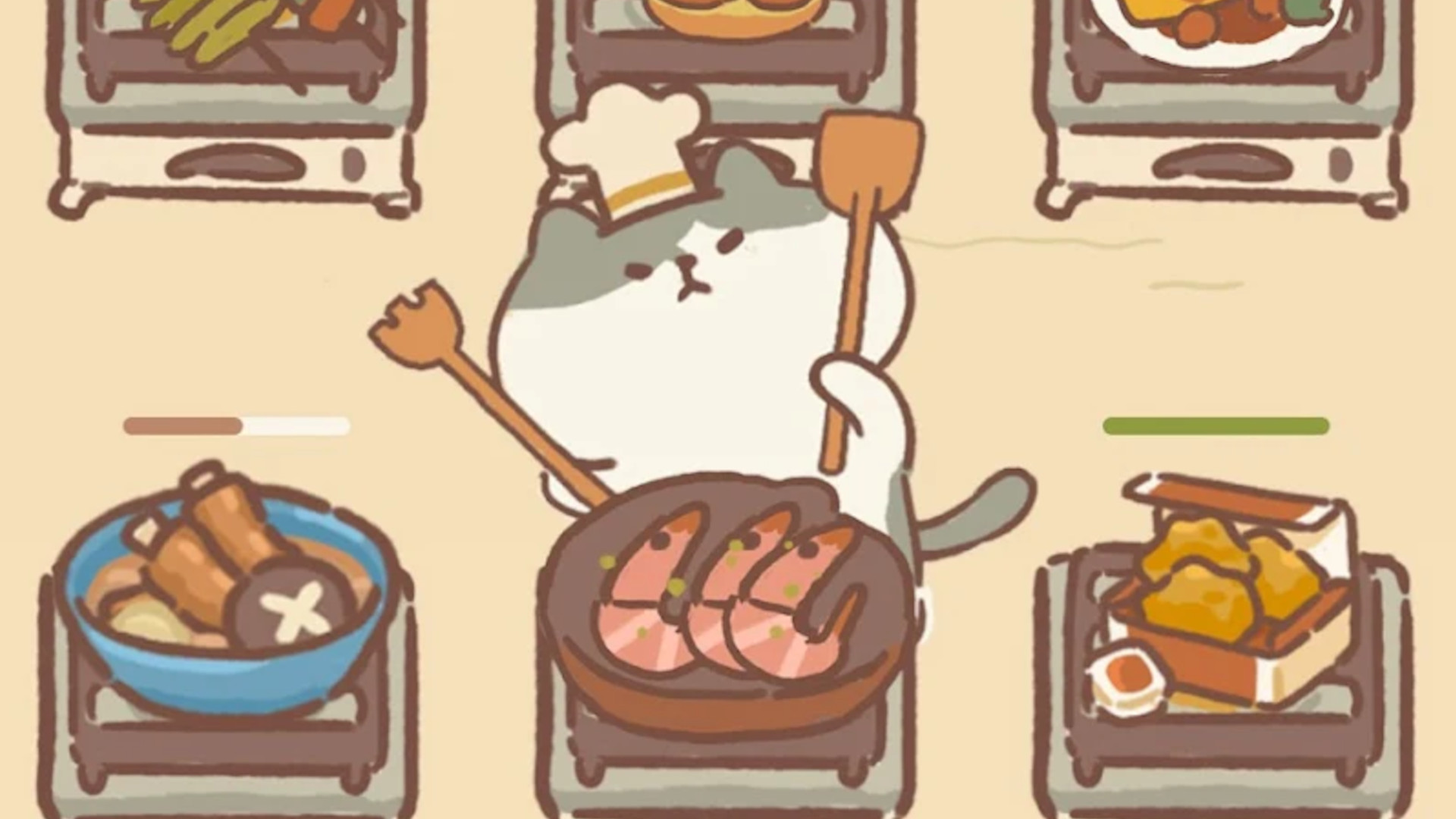 Matlagningsspel: En grå och vit katt som steker några räkor i ett sött tecknat kök.