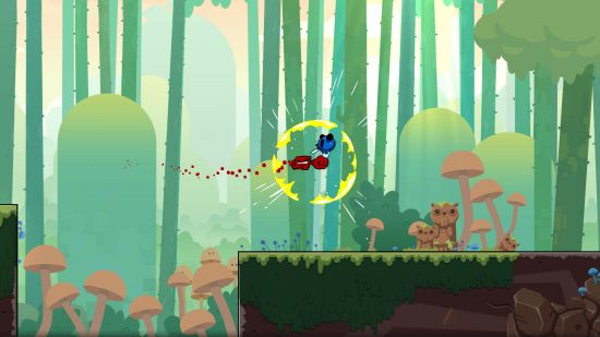 Super Meat Boy Forever mobilrecension - en animerad kub av kött hoppar över en springa och slår en blå insekt i en skogsscen i 2d