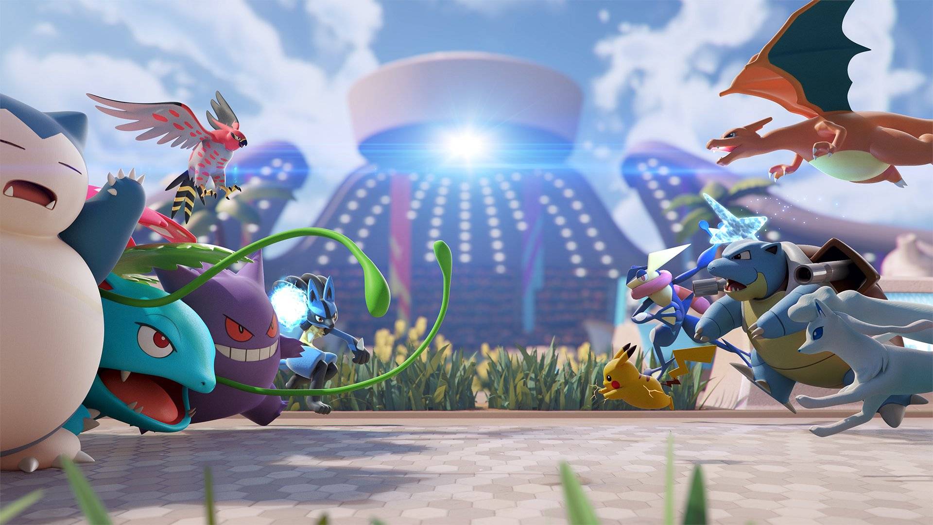 Två lag av Pokémon rusar mot varandra från vardera sidan av en arena