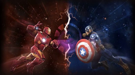 Nyckelkonst för MCOC, ett av Marvel-spelen online, med Iron Man som kämpar mot Captain America