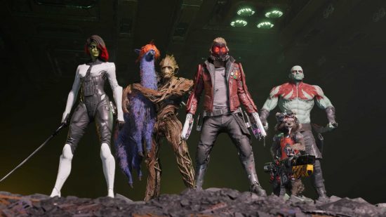 Skärmdump av hjältarna från Guardians of the Galaxy, ett av äventyrsspelen Marvel på Switch