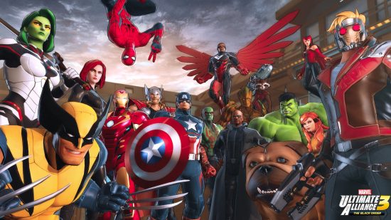 Nyckelkonst för Marvel Ultimate Alliance med flera Marvel-karaktärer som tittar ut i strid