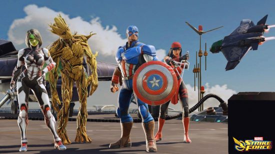 Nyckelkonst för ett team av supes i MARvel Strike Force inklusive Groot och Captain America