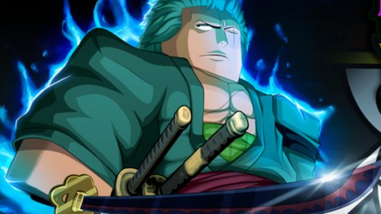 Roblox One Piece - En man med blått hår och ett öga glittrar av blått ljus