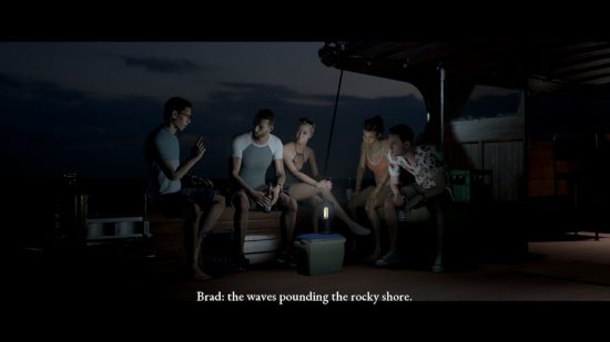 Man of Medan Switch recension - en skärmdump av karaktärerna som sitter tillsammans på båten