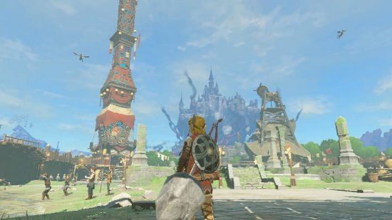 Zelda: Tears of the Kingdom towers: Link står framför ett högt torn