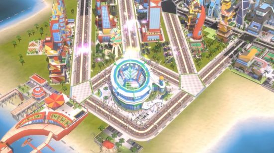 En stad i Cityscapes Sim Builder med en fotbollsstadion 