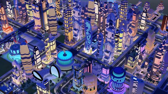 En stad helt byggd i Cityscapes Sim Builder med skyskrapor på natten