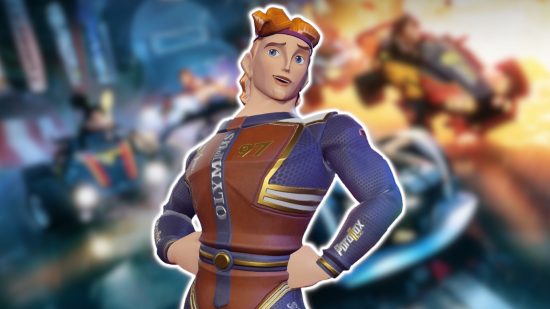 Disney Speedstorm-karaktärer: Hercules i en tävlingsdräkt som ser ut som hans bruna rustning över en marinblå topp.  Han är kontur i vitt och klistrad på en suddig bakgrund.