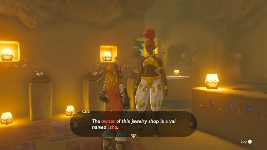 Zelda: Tears of the Kingdom-vapen - en kvinna i utsmyckad rustning med en röd knull som tittar på en liten blond pojke i en smyckesaffär.