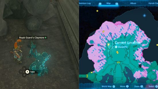 Zelda: Tears of the Kingdom weapons - två bilder, till vänster en pojke som heter Link i utsmyckad rustning som tittar på ett svärd på marken i ett stenrum, till höger en karta över blått och rosa land.