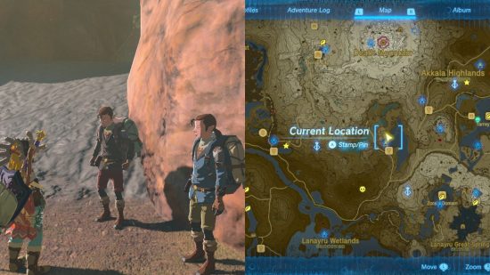 Zelda: Tears of the Kingdom weapons - två bilder, till vänster två personer i äventyrskläder som står framför en orange sandstensgrottvägg, till höger en karta över beige mark och blått vatten, med vägar och olika markörer varvade.