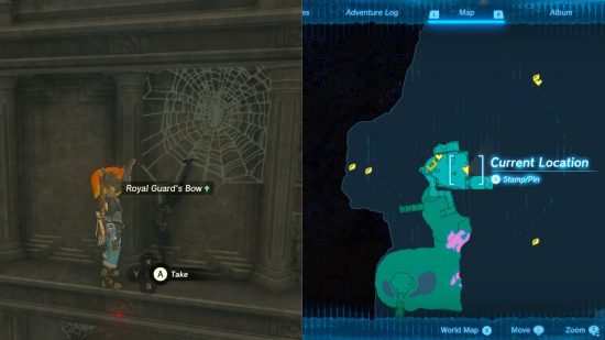 Zelda: Tears of the Kingdom-vapen - två bilder, en av en karta till vänster med en grön bit av land och en pilpunkt för karaktärens plats, en annan av spelarkaraktären Link i utsmyckad rustning som tittar på en båge på en eldstads mantel. .