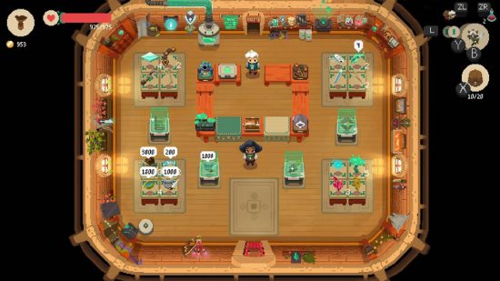Top-down-spel: en top-down pixlad scen visar en idyllisk butik med massor av småsaker