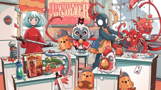 Summer Games Fest 2023 - Devolver Digital konstverk som visar kariska seriefigurer i en scen omgiven av rekvisita och leksaker.