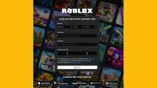 Roblox-namn: en skärmdump visar menyn för att skapa ett Roblox-konto