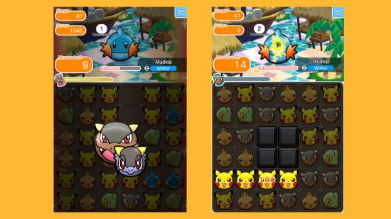 Två skärmdumpar som visar en nivå i gratis Pokémon-spel Pokemon Shuffle