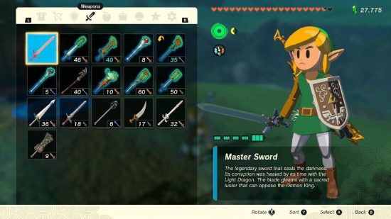 Zelda: Tears of the Kingdom mästarsvärd: en meny visar Link som använder mästarsvärdet