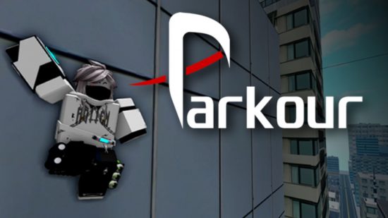 Skärmdump av Parkours titelmeny med en hoppande karaktär för Roblox parkour-spel