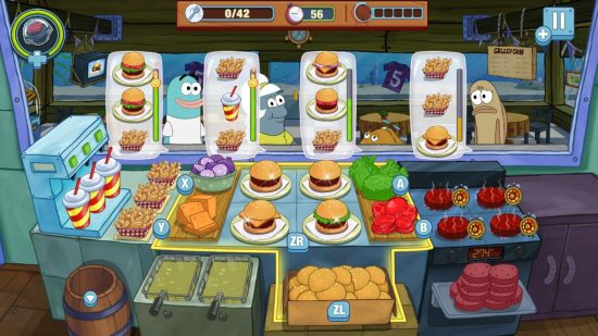 bästa restaurangspel krusty cook off: hungriga kunder som väntar på sina beställningar bakom grillen