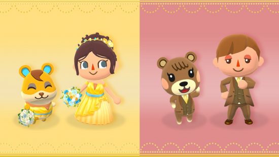 Spel som ger mig könseufori: En bild från ACPC Twitter som visar en gul hapster och en bybor som bär matchande gula klänningar, och Maple den bruna björnen och en bybor som bär matchande bruna kostymer.