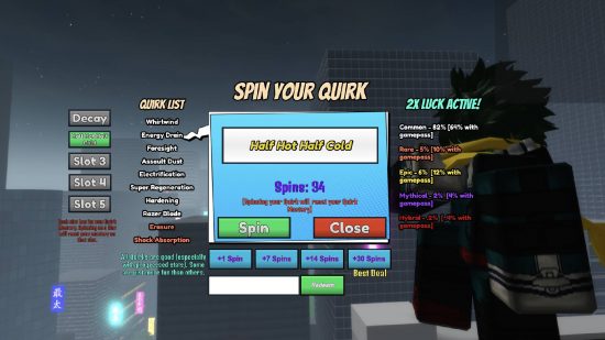 Era of Quirks-nivålista: en skärmdump från roblox-spelets era av quirks visar snurrmenyn och ett urval av de tillgängliga quirks