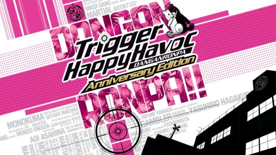 Detektivspel: Rosa, vit och svart omslagsbild för Danganronpa Trigger Happy Havoc Anniversary-utgåvan.