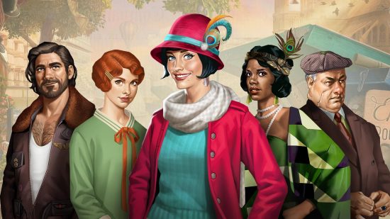 Detektivspel: Nyckelkonst från June's Journey med flera karaktärer inklusive June själv i centrum, klädd i en knallröd kofta och matchande hatt med en fjäder i.